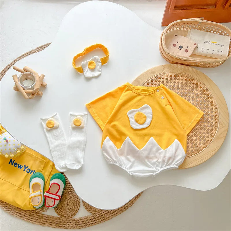 Summer Baby Newborn Romper Fried Egg with Headband Yellow Toddler Clothing Short Sleeve Infant Bodysuit Set 0-2Y Cute Jumpsuit