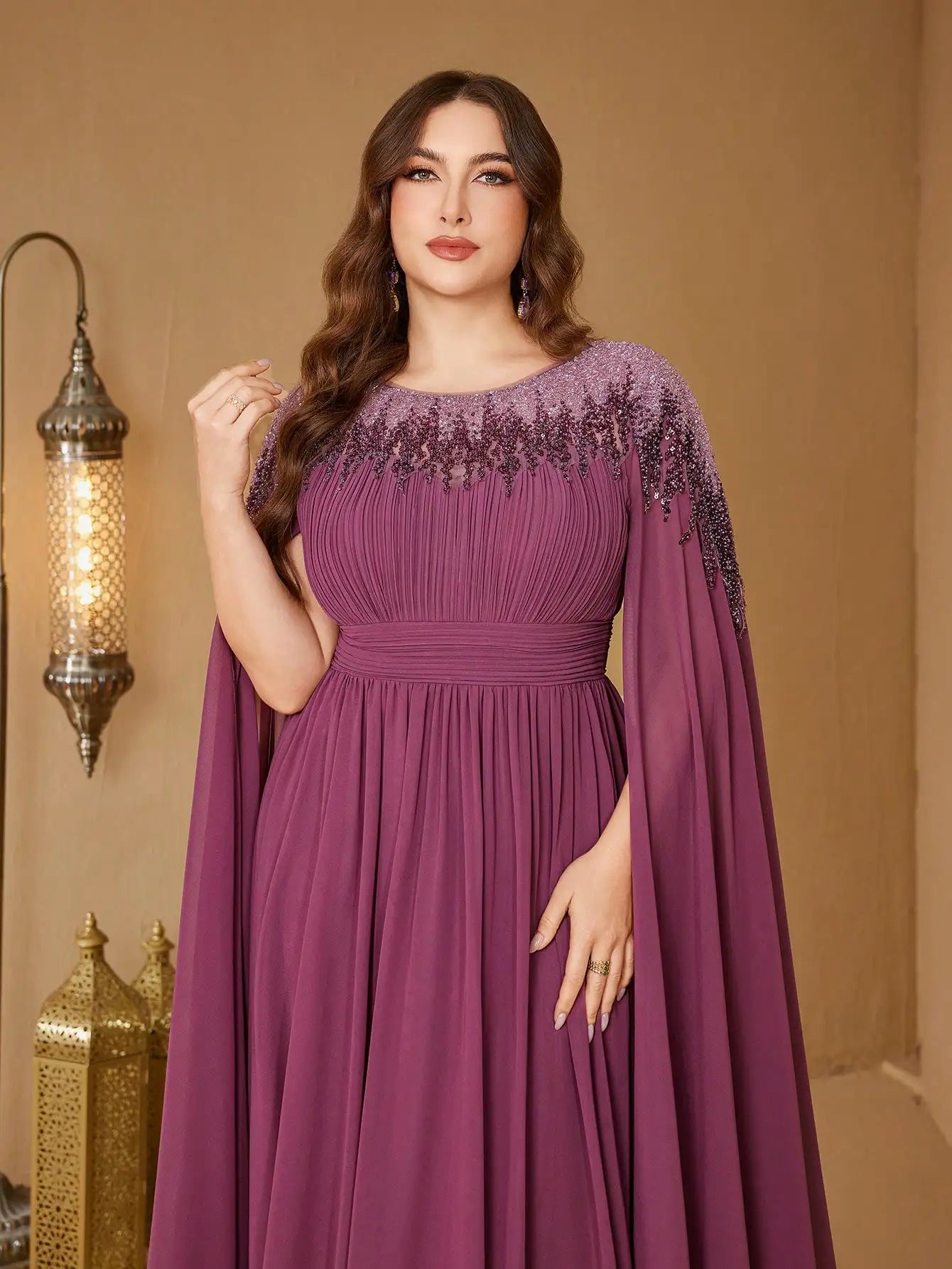 UNITHORSE Plus Women's Stand Collar Cape Sleeve Sequin Patchwork Slim-Fitting Chiffon Temperament Evening Dress