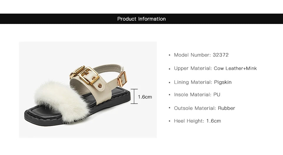 BeauToday Flat Sandals Women Cow Leather Square Toe Mink design Buckle Strap Elegant Female Furry Shoes Handmade 32372