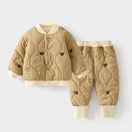 Winter Toddler Two Piece Set Cute Bear Embroidery Warm Jacket Pants Homewear Unisex Baby Boys Girls Sleepwear