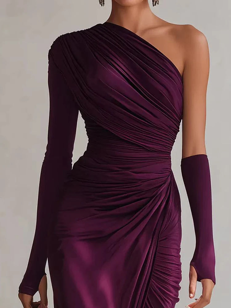 Spring Summer Skew Collar Solid Maxi Dress, Women Holiday Fashion One Shoulder Party Dress, 2026 Elegant Patchwork Ladies Dress