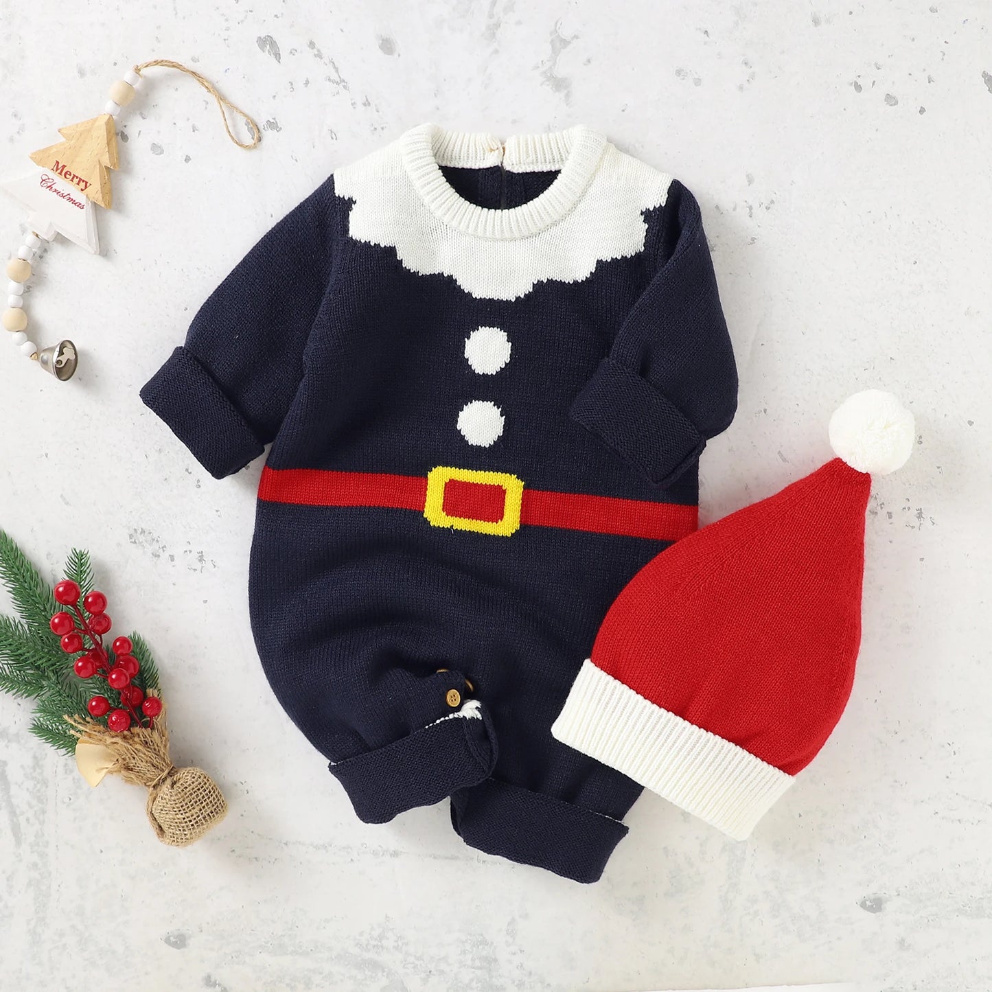 Infant Christmas Outfits Baby Romper Clothes Winter Red Santa Claus Knitted Newborn Infant Boy Girl Christmas Gift Jumpsuits+Hat