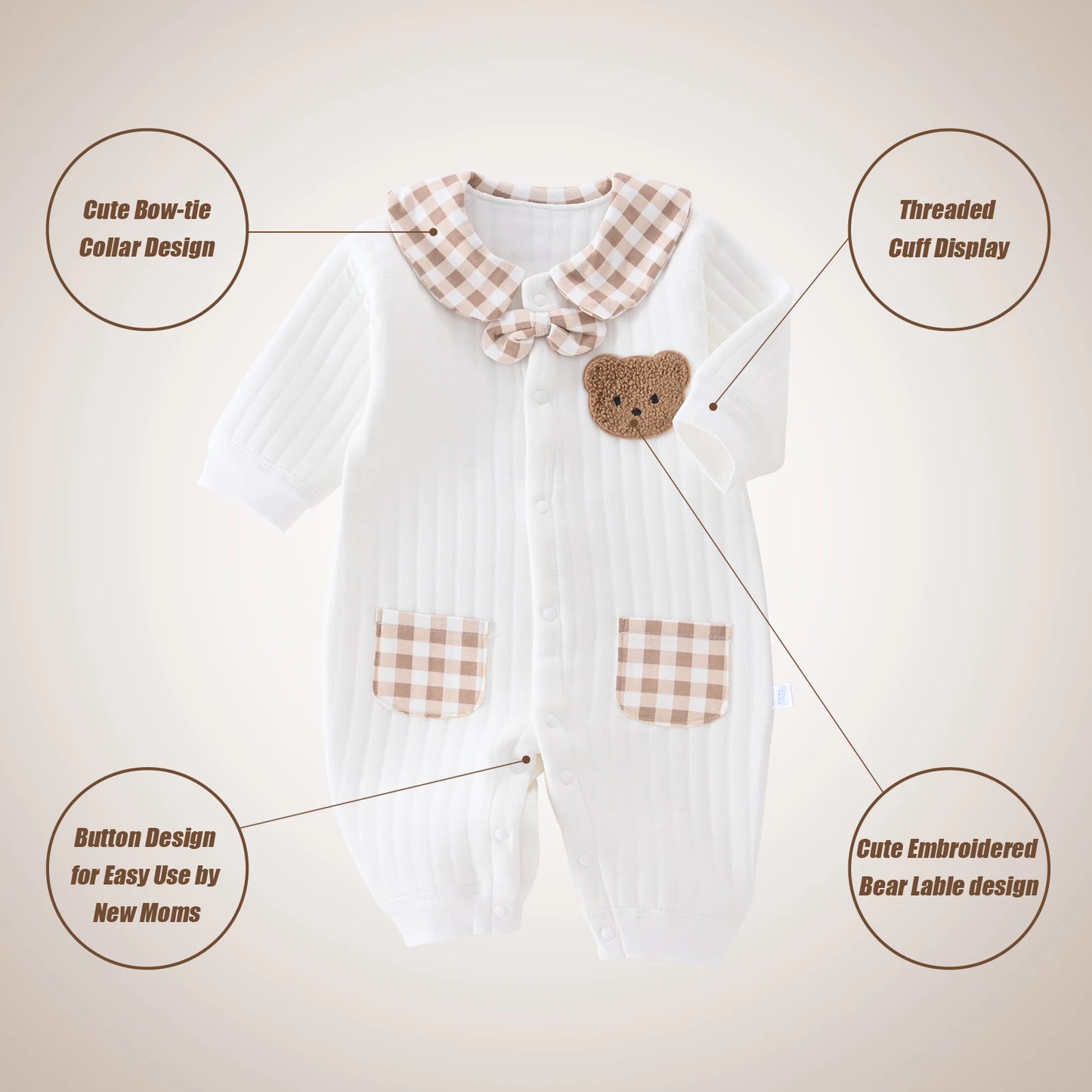 Newborn Baby Jumpsuit Clothes Winter Thickened Romper  Boys Girls Cute Embroidery Bear Bodysuit Autumn Clothing 0-1-3-6M