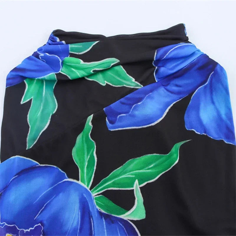 Sexy Flower Print Top Long Skirt Set Women Slim Ruffle Strap U-neck Top Loose High Waist Skirts  Fashion Summer Party Suit