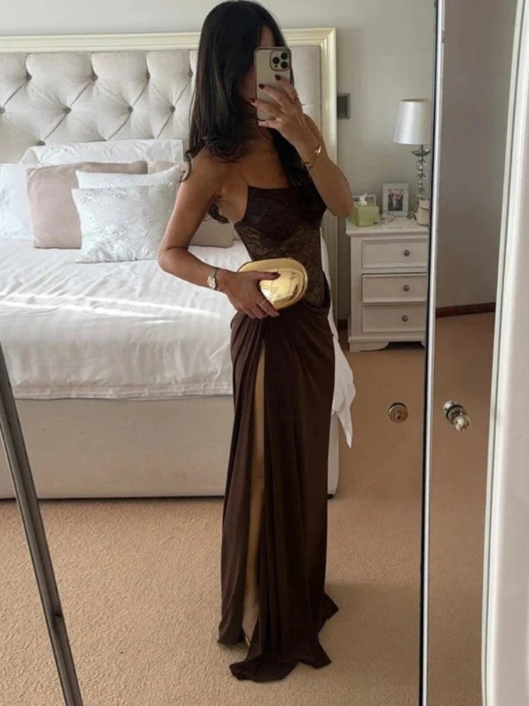 XIAOTANG One Shoulder Lace See Through Sexy Maxi Dress Women Gown Fashion Off-shoulder Sleeveless Backless Club Long Dresses