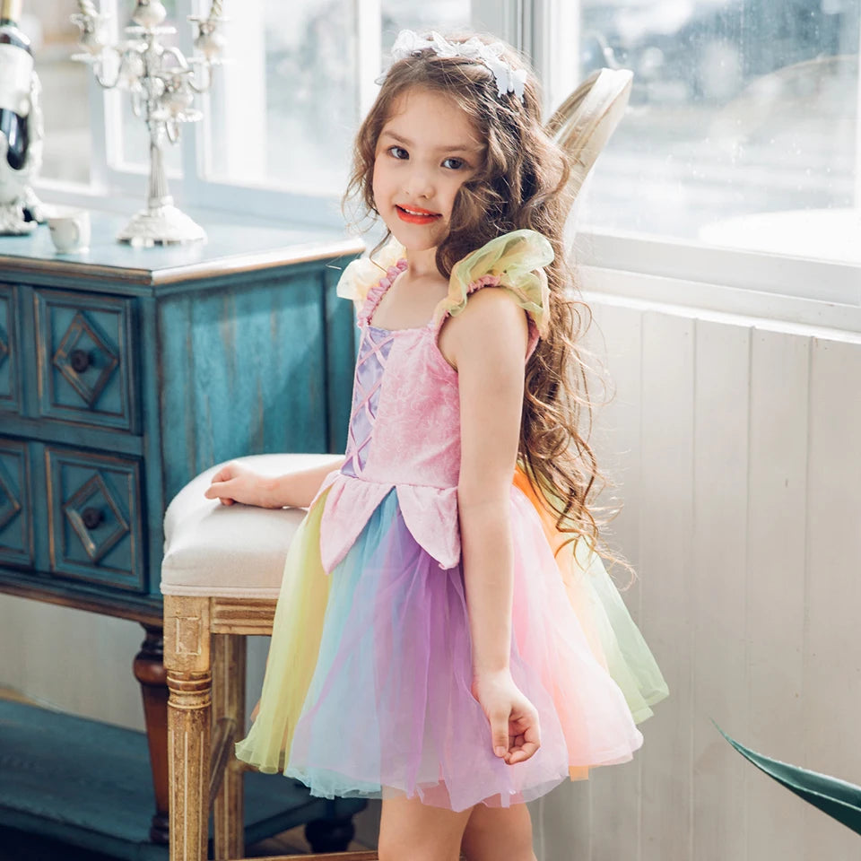Cheap Top Quality Summer Fancy Baby Girl Fairy Rainbow Tutu Dress Halloween Cosplay Elf Princess Carnival Infant Party Ball Gown