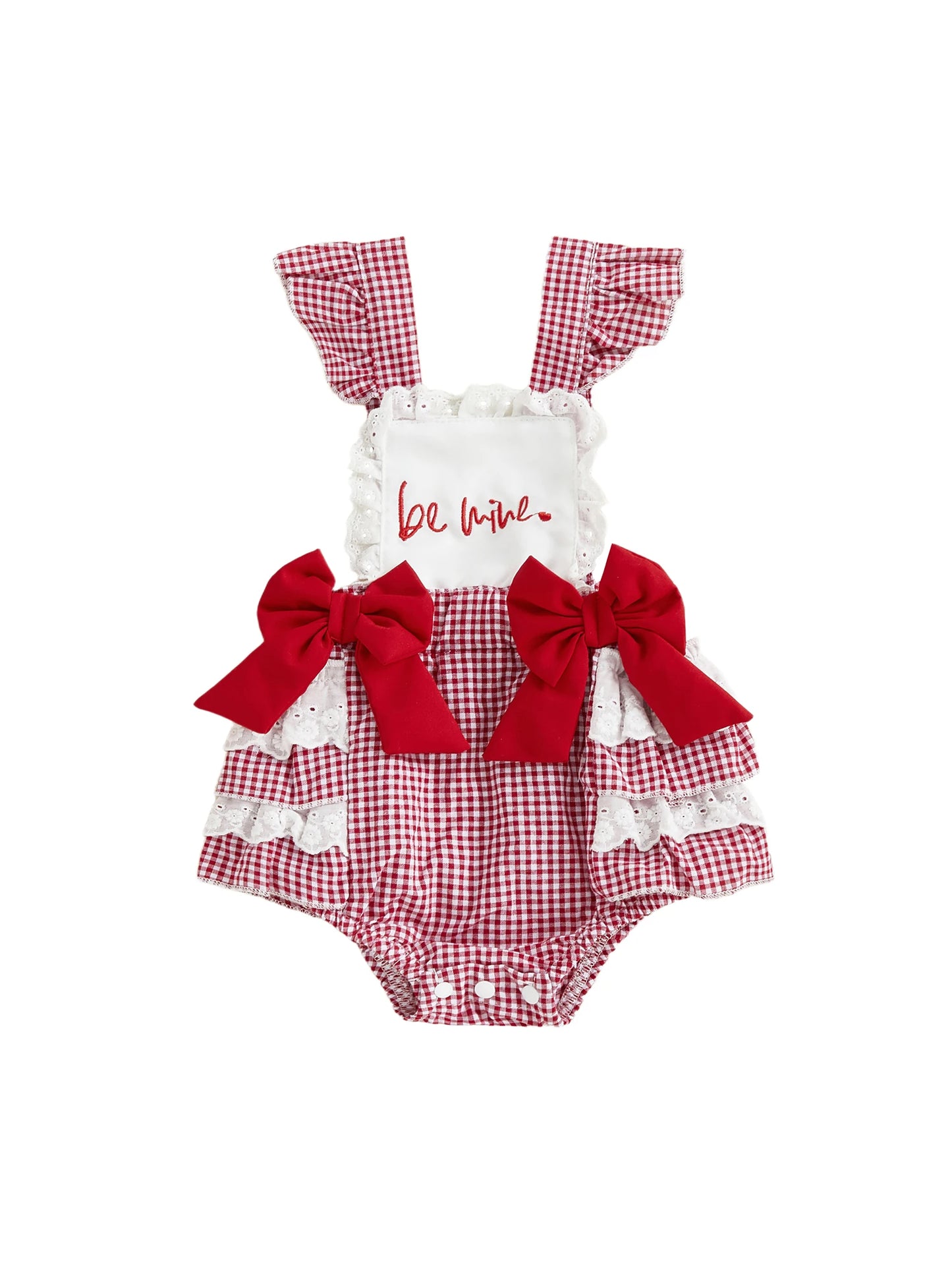 0-18M Valentine's Day Infant Baby Girls Rompers Sleeveless Square Collar Lace Ruffled Letter Embroidery Bow Jumpsuit