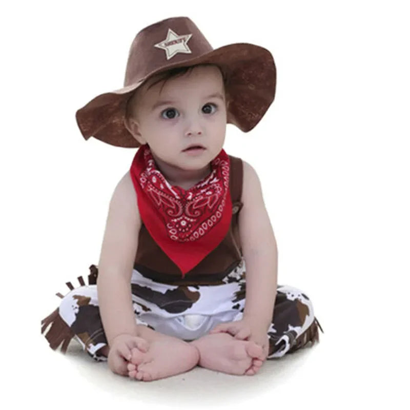 Baby 3PCS Romper Set Camouflage Printed Sling Side Tassel Romper Big Cowboys Wide Brim Star Hat Triangle Printed Scarf