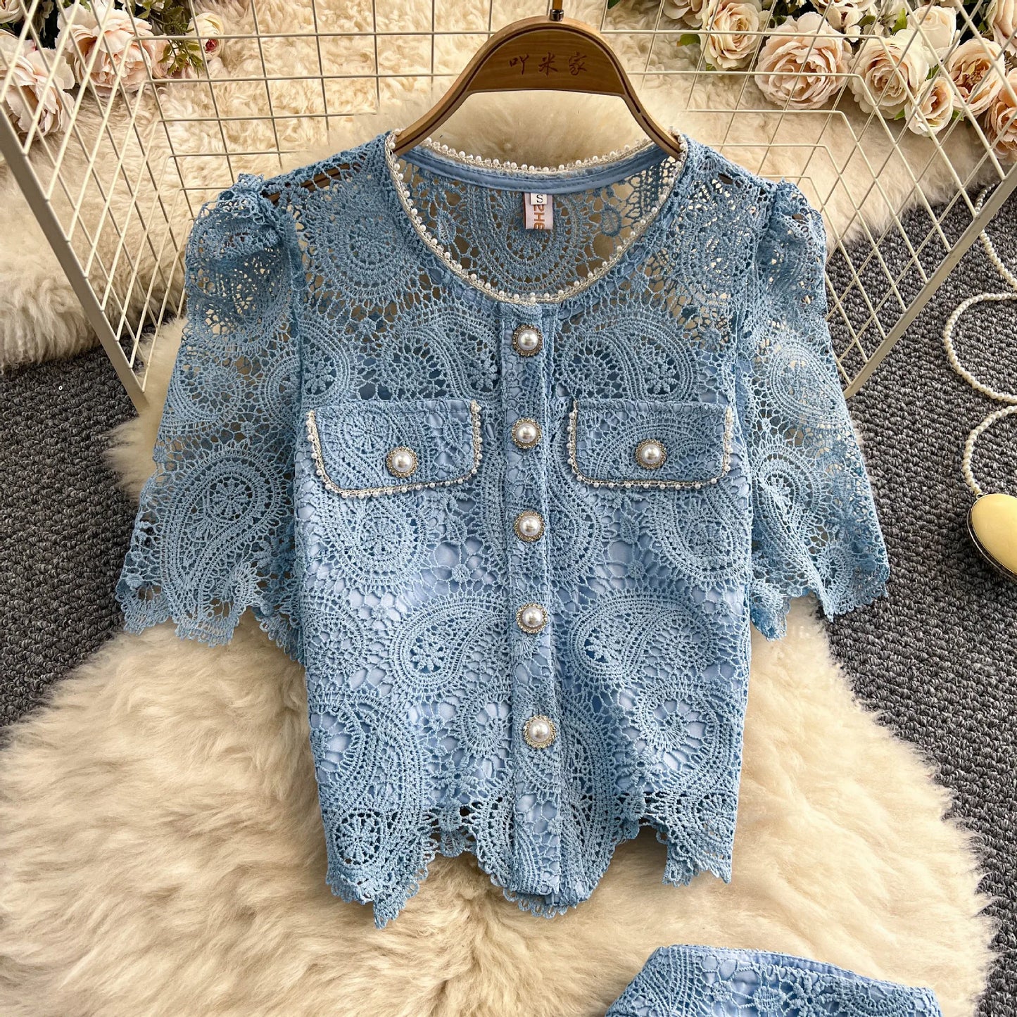 Women Two Piece Sets Skirt Set Embroidery Lace Hollow Out Half Sleeve Shirt Long Skirts A Line High Waist Elegant Work Spring