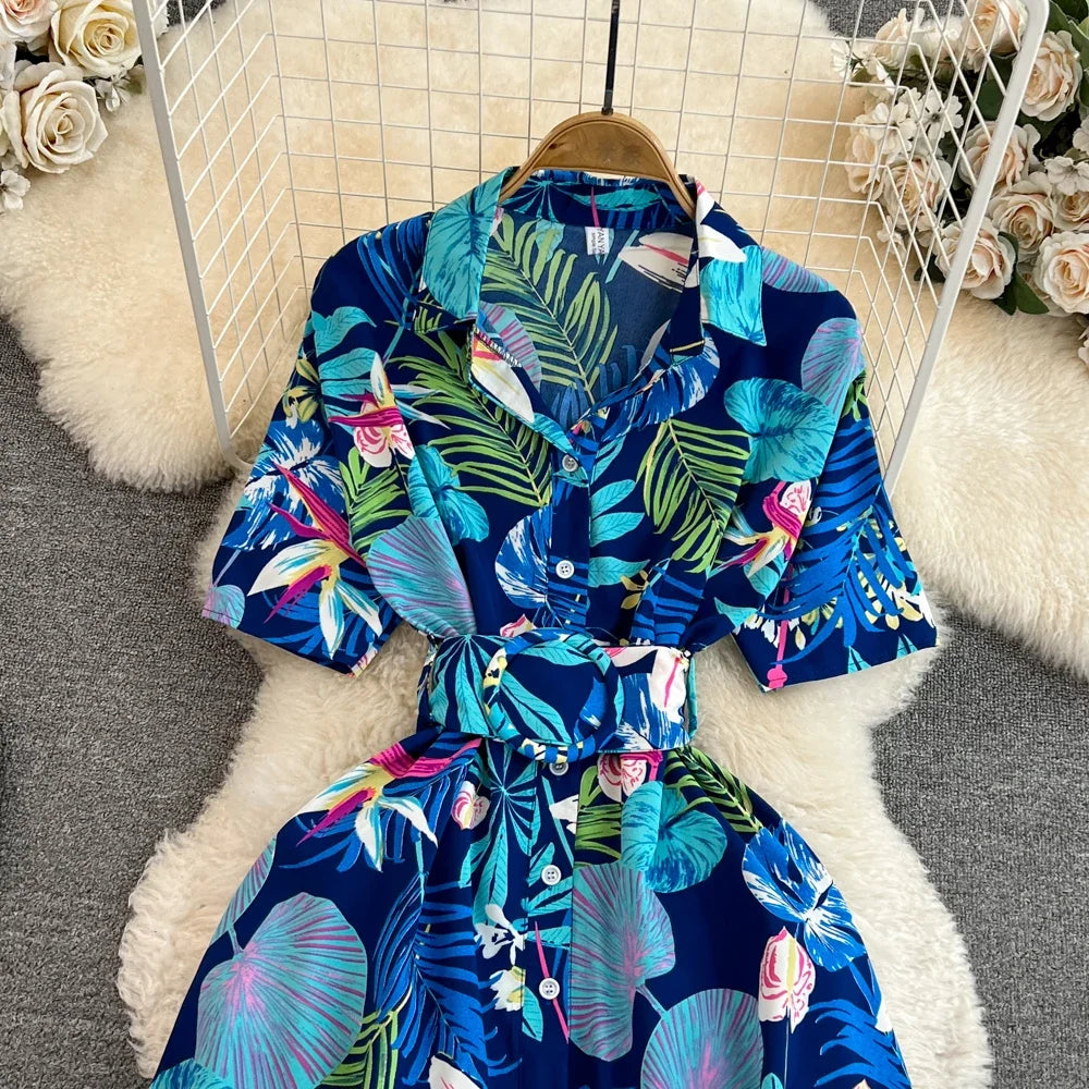 2024 New Summer Women Dress Fashion Print Floral A-line Shirt Dress with Belt Elegant Vintage Off Lady Dress Casual Vestidos