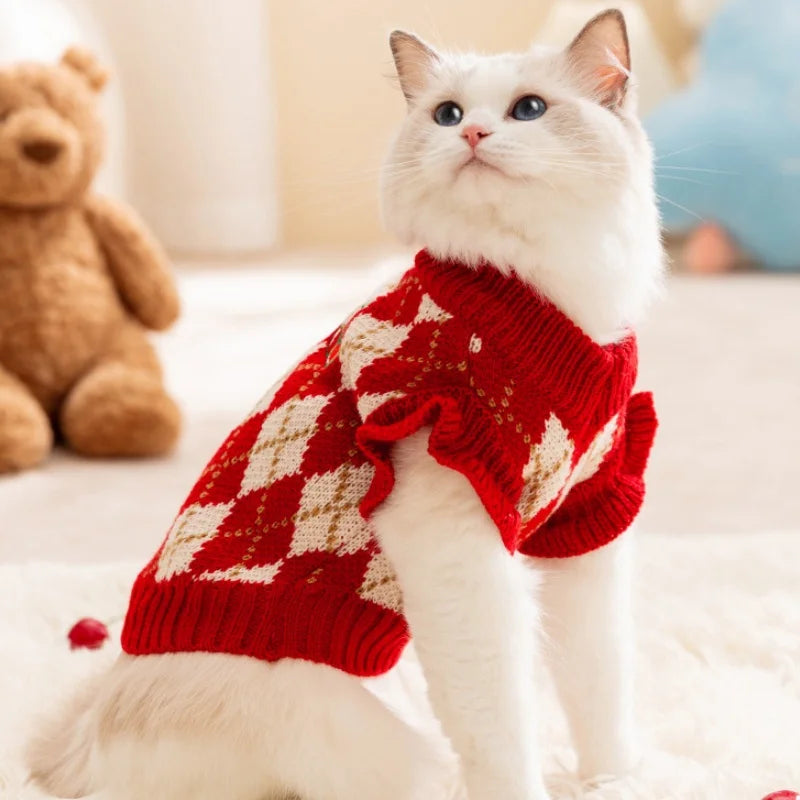Winter Dog Knit Sweater Soft Dog Clothes Cute Plaid Puppy Sweater Cherry Print Cat Pullovers Pet Warm Turtleneck Poodle Apparel