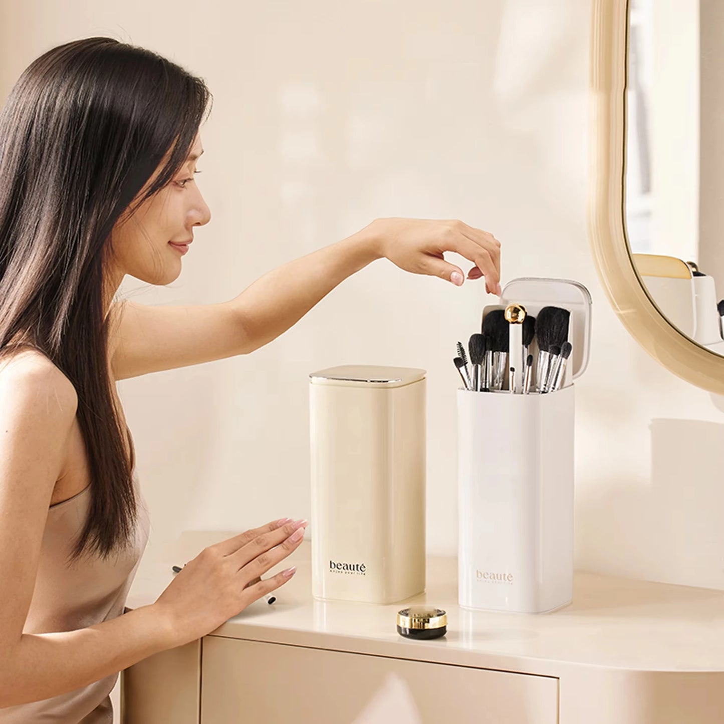 1pc Automatic Liftable Cosmetics Storage Box Desktop Dust Makeup Brush Brow Pencil Eyeliner Storage Bucket Make Up Organizer