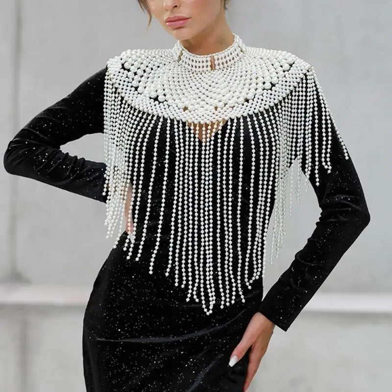 P9FE Fringed Pearls Shawl Wrap for Female Shoulder Chain Necklace Elegant Bride Shawl Formal Dress Shoulder Wrap Body Chain