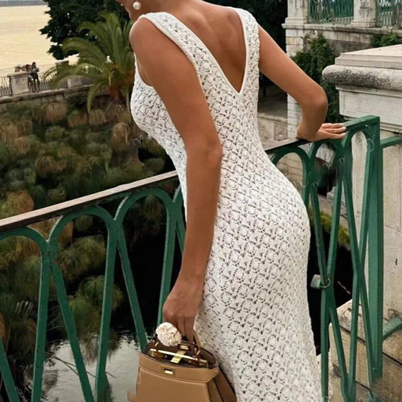 Solid Color Hollow Knitted Beach Vacation Dress Elegant Sleeveless Skinny Cover-up Dress Women Sexy Perspective Swimwear Dress