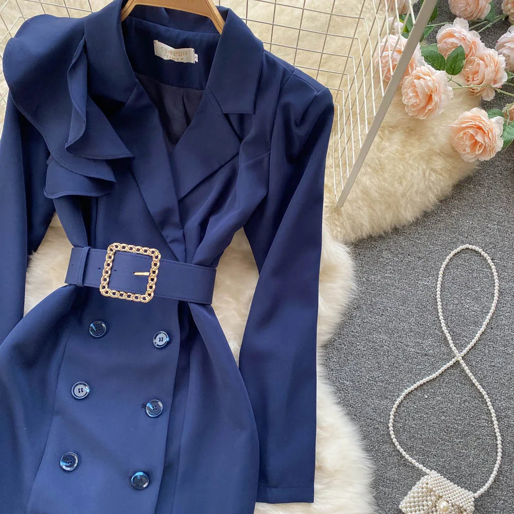 Women Elegant Office Dress Spring Autumn Long Sleeve Fashion Slim with Belt Midi Dresses Vintage Ladies Blazer Dress Vestidos