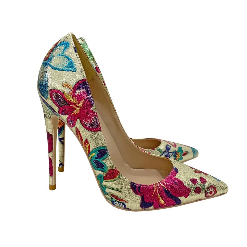 Fashion Print Women's Pumps 8CM 10CM 12CM Sexy Pointy Toe Luxury Female Shoes 2025 Spring Summer All-Match Woman Gold High Heels