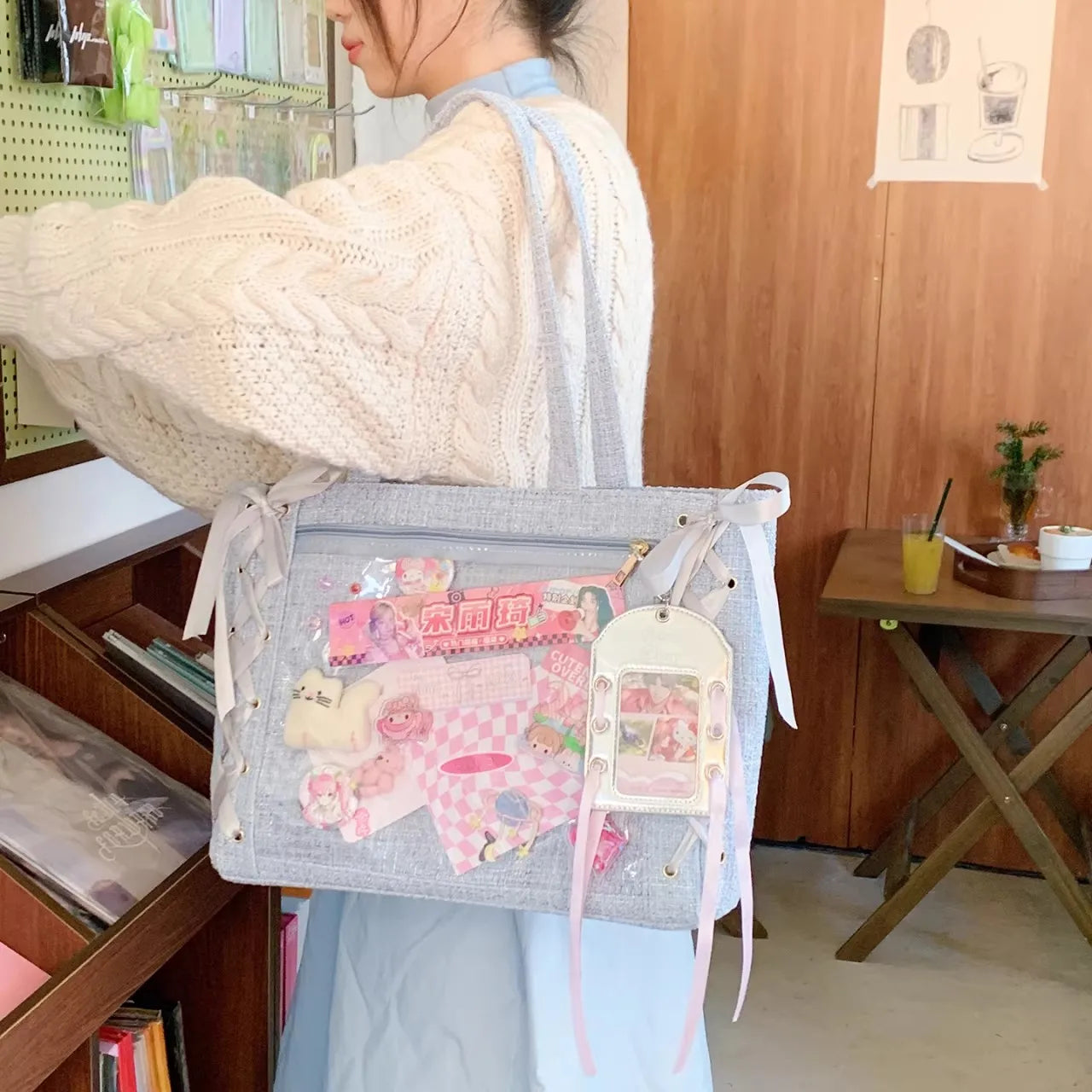 New Y2K Ribbon Bow Japanese Ita Shoulder Bag Cute Girl Transparent Pocket Large Capacity Crossbody Tote Bag DIY Display Handbags