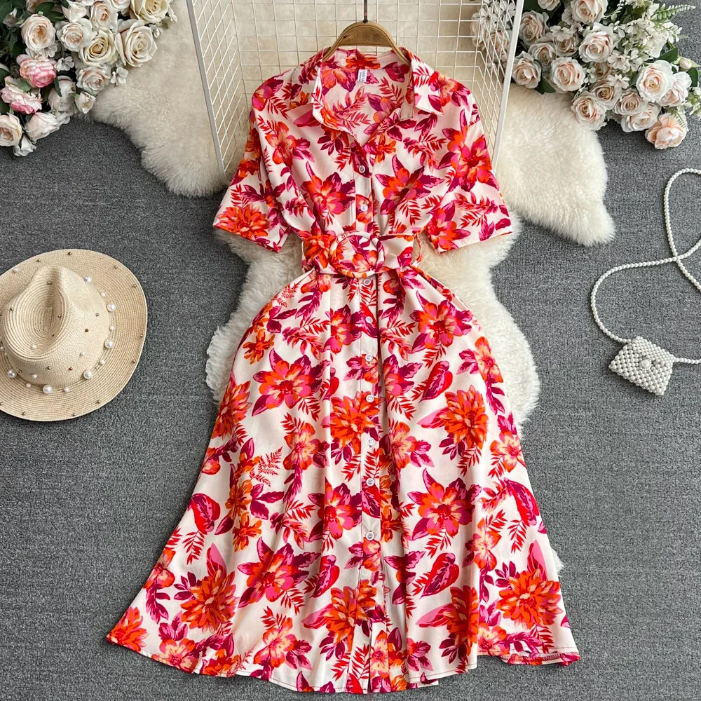 2024 New Summer Women Dress Fashion Print Floral A-line Shirt Dress with Belt Elegant Vintage Off Lady Dress Casual Vestidos