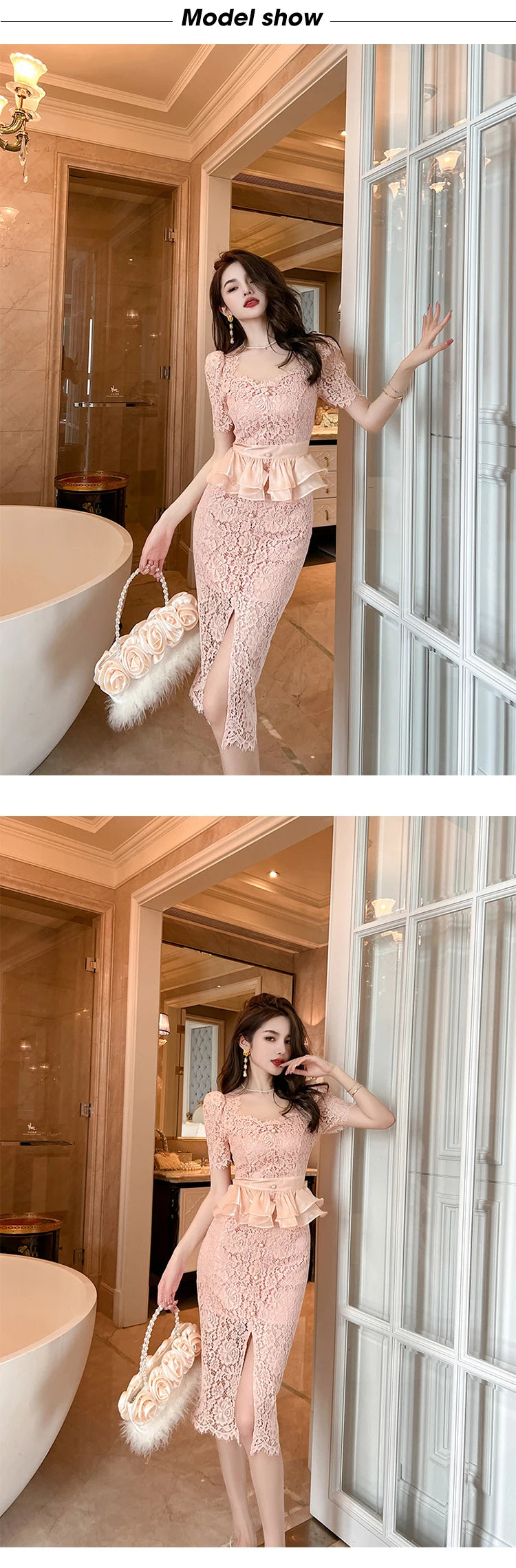 New Summer Elegant Women Evening Dress Chic Lace Pink Sheer Sexy Low Cut Ruffle Slim Midi Pencil Party Prom Femme Mujer Vestidos