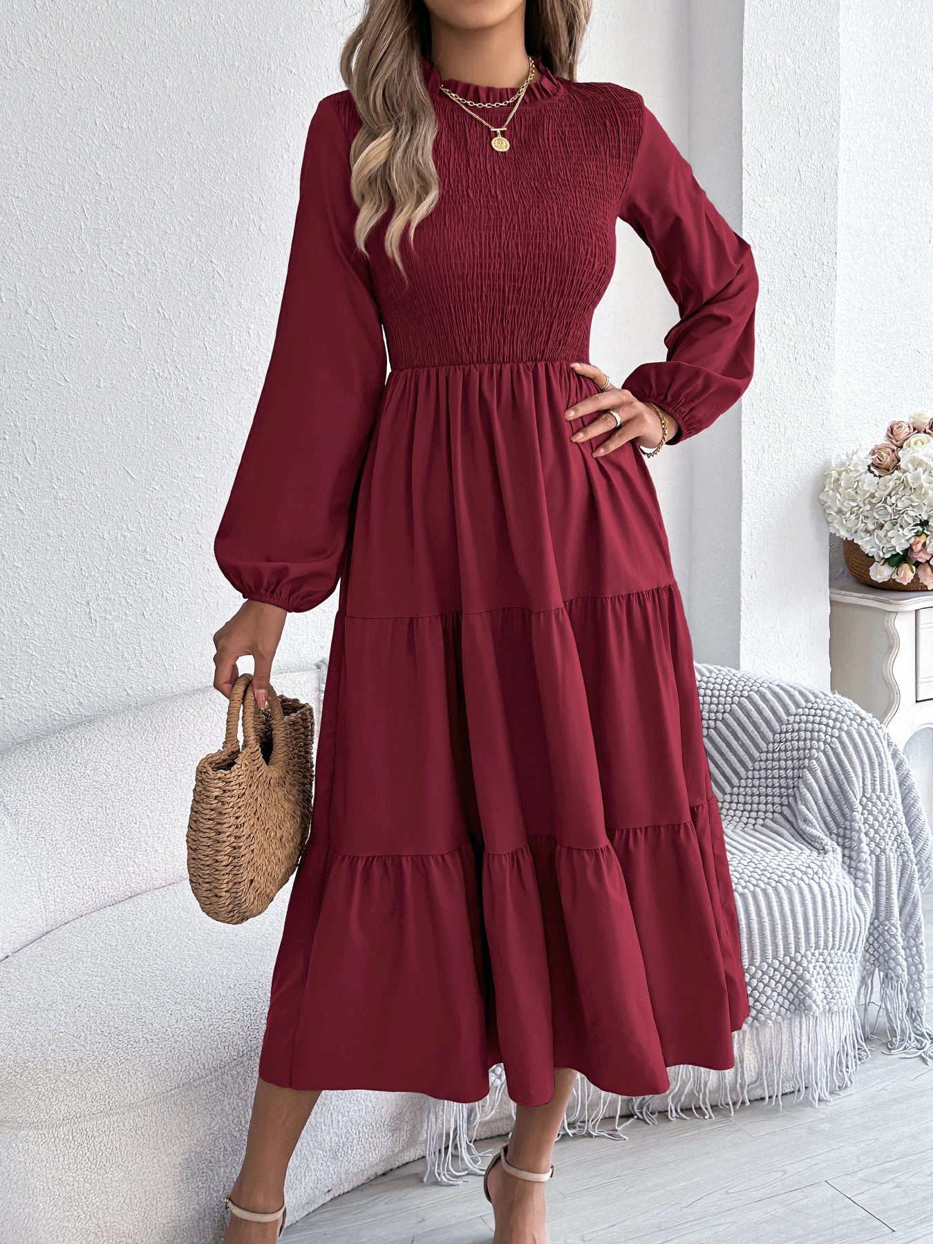 Women's Spring Vacation Solid Color Round Neck Long Sleeve Midi Dress with Ruffled Waist