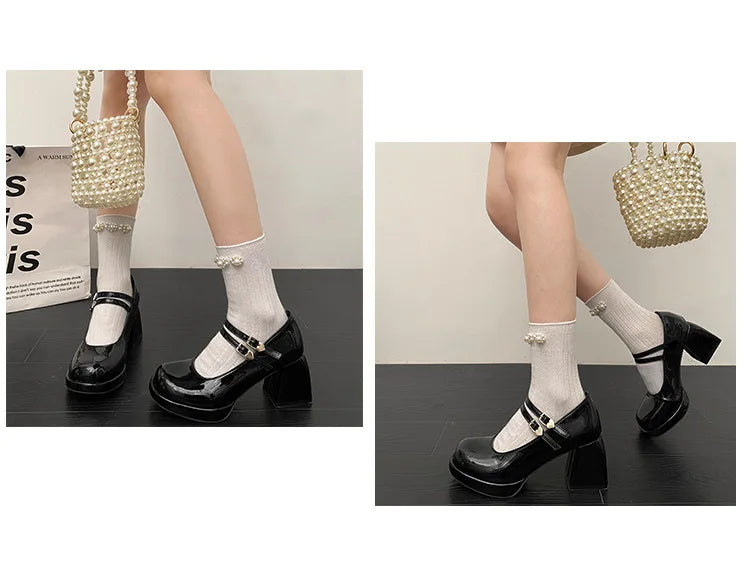 Women Chunky Heels Mary Jane Shoes Princess Spring New Fashion Platform Comfortable Black Soft Anti-slippery Dress Leather Shoes