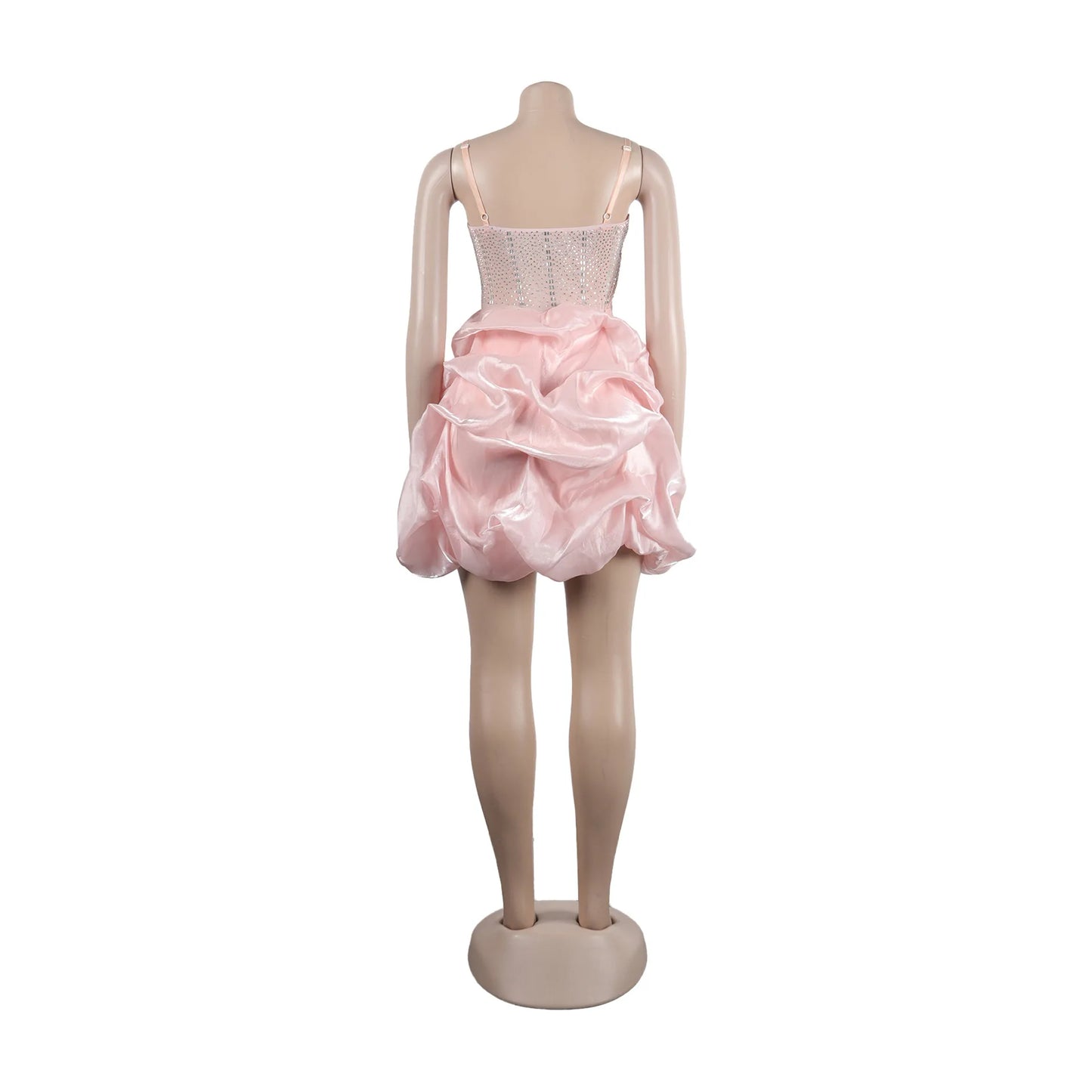 HBLL Sexy Rhinestone Bodycon Ruched Puff Suspenders Dresses Women Sheer Mesh Birthday Party Night Clubwear Summer Dresses Robes