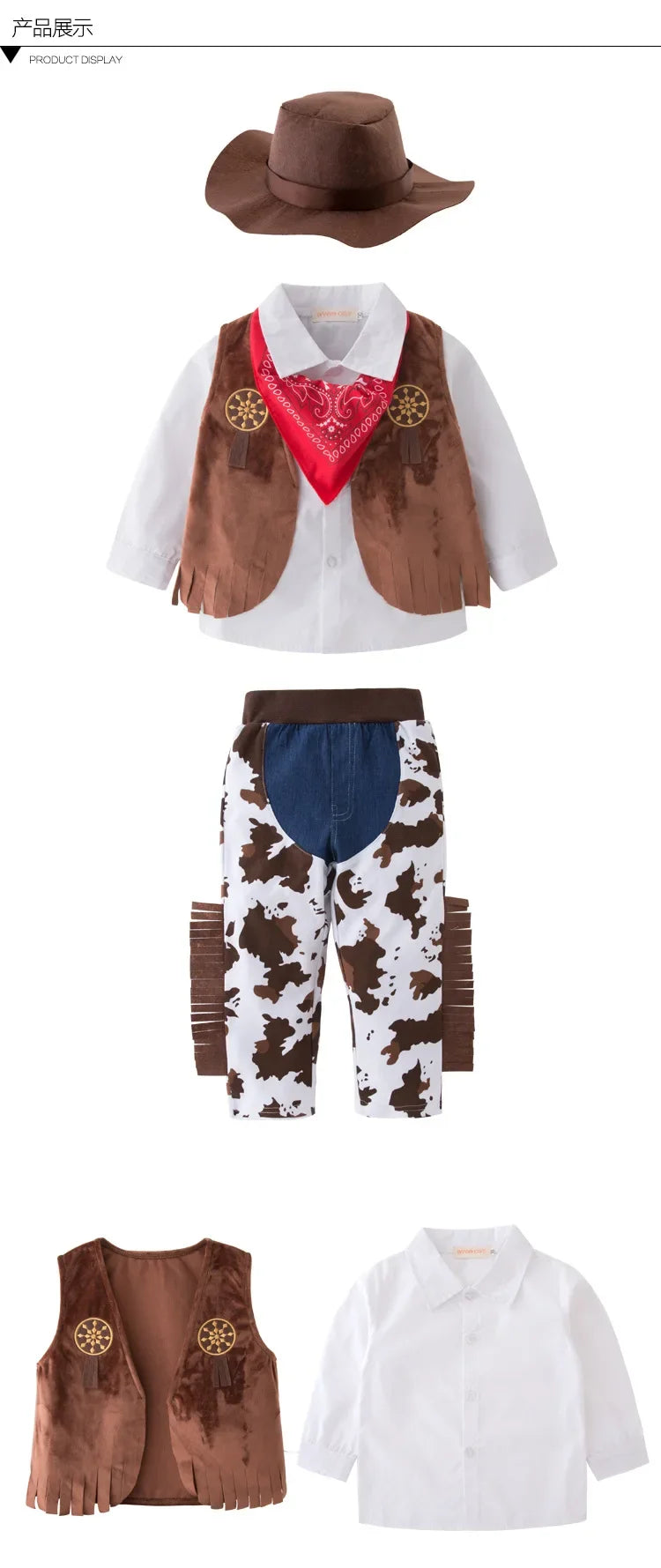 Baby Boys Western Cowboy Romper Sets with Scarf and Hat Toddler Carnival Fancy Dress Cosplay Party Costume Infant Outfitts