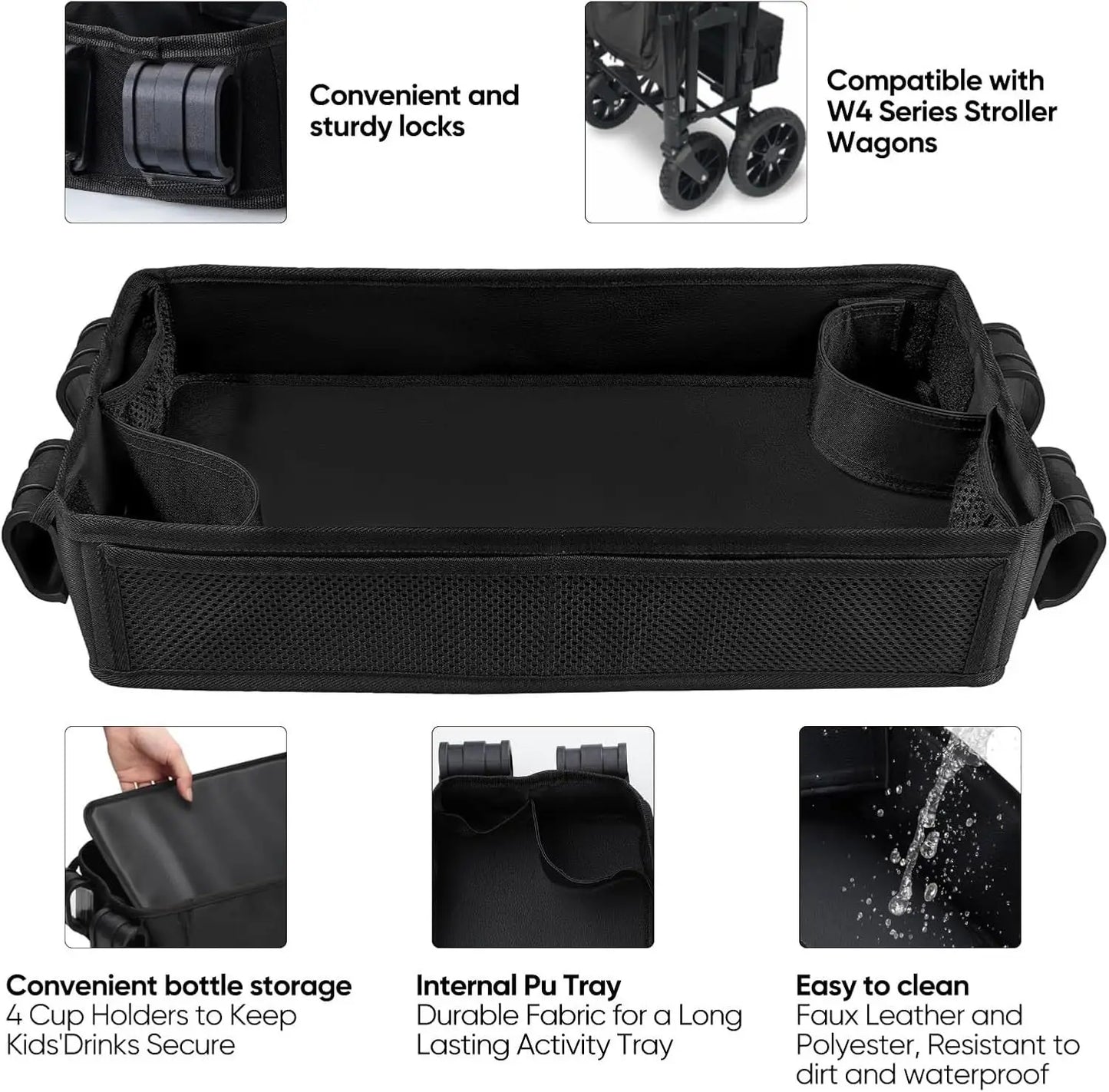 Double Sided Stroller Tray for Snacks & Activities Featuring Faux Leather Side for Eating, Polyester Side for Activities