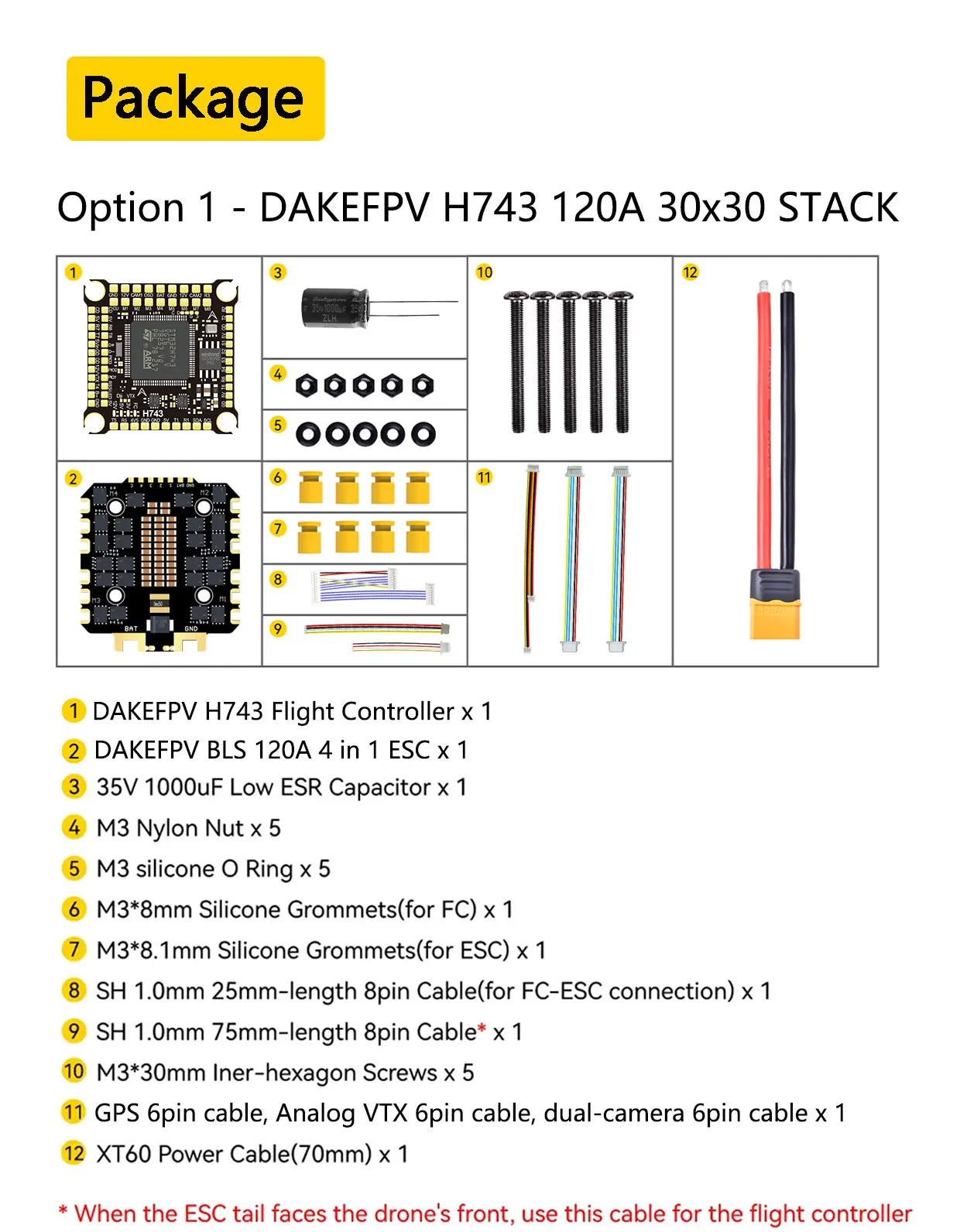 DAKEFPV H743 100A/120A stacked ICM42688P H743 flight control module BLHELI_S 120A 4-in-1 ESC 30.5X30.5 millimeters.