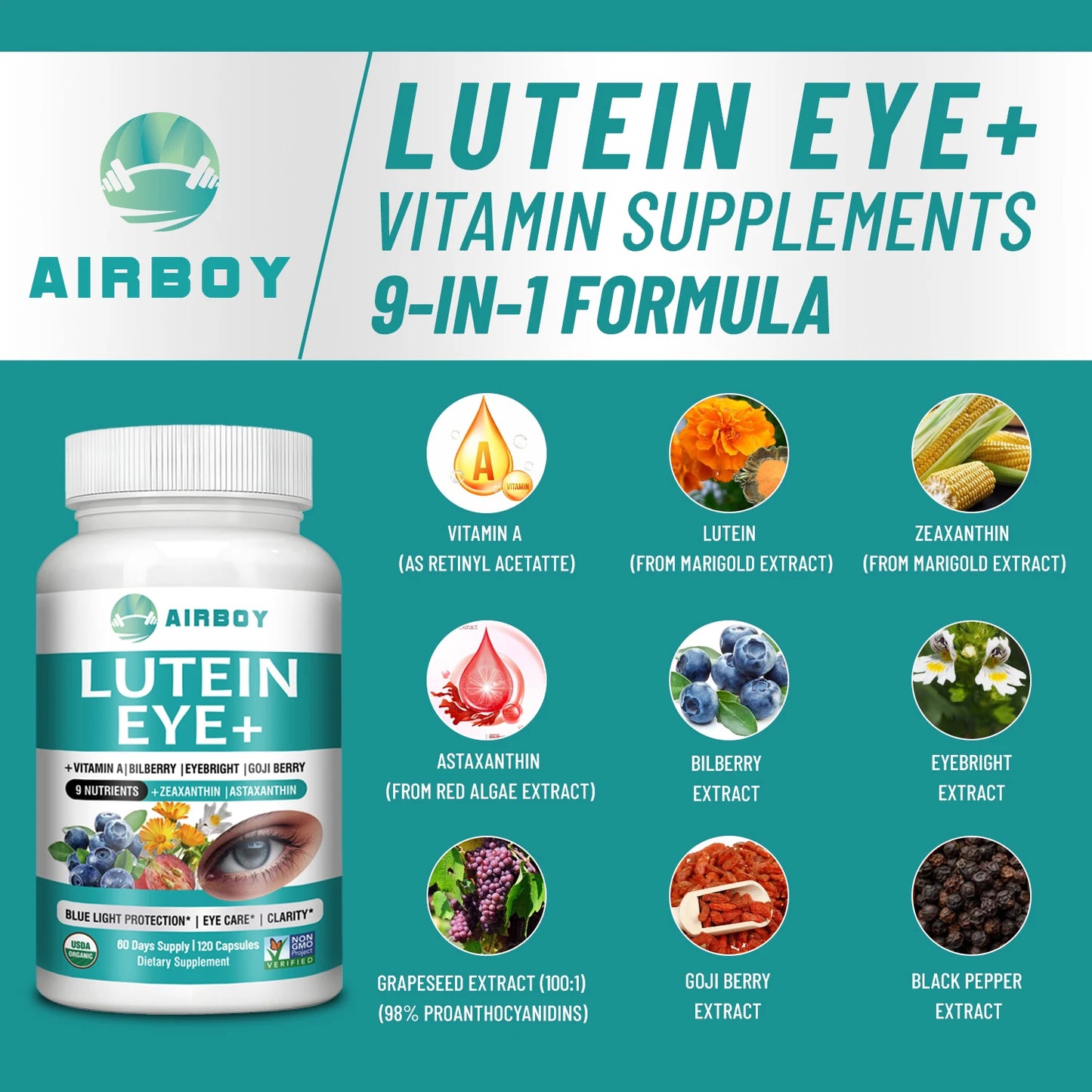 Lutein Eyes - Bilberry Extract and Zeaxanthin - Support Eye Strain and Vision Health, Macular Health