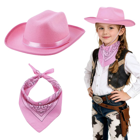 Kids Cowgirl Costume Western Hat Bandana Set Halloween Cosplay Outfits Role Play Accessories