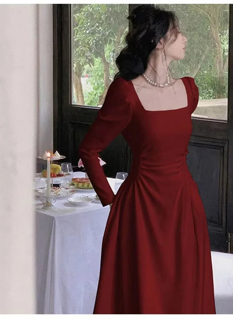 Red Long Sleeve Dress Wedding Dress Spring Autumn French Style Engagement Party Drinking Ceremony Bridal Gown Everyday Wear