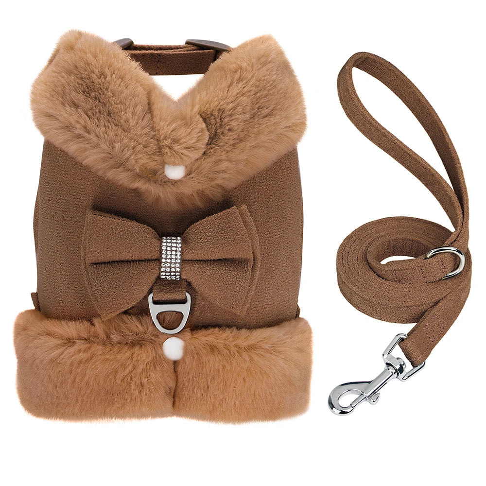 Soft Warm Dog Vest Harness and Leash Set Cute Bowknot Pet Winter Clothes Vest Warm Fur Small Dog Clothing French Bulldog Pink