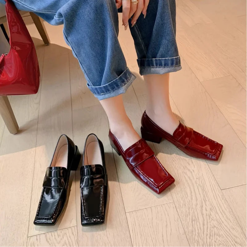 Womens Red Shoes Spring Autumn Basic Pumps Block Heel Dress Loafers French Slip On Square Toe Cow Leather Dress Footwear Size 43