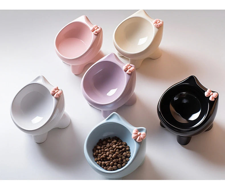 Ceramic Heightening Bowl Set | Cute Macaron Color Series，Slanted Spill-Proof，Cat Slow Feeder Bowl，InsEasy to Clean，Multi-Color O
