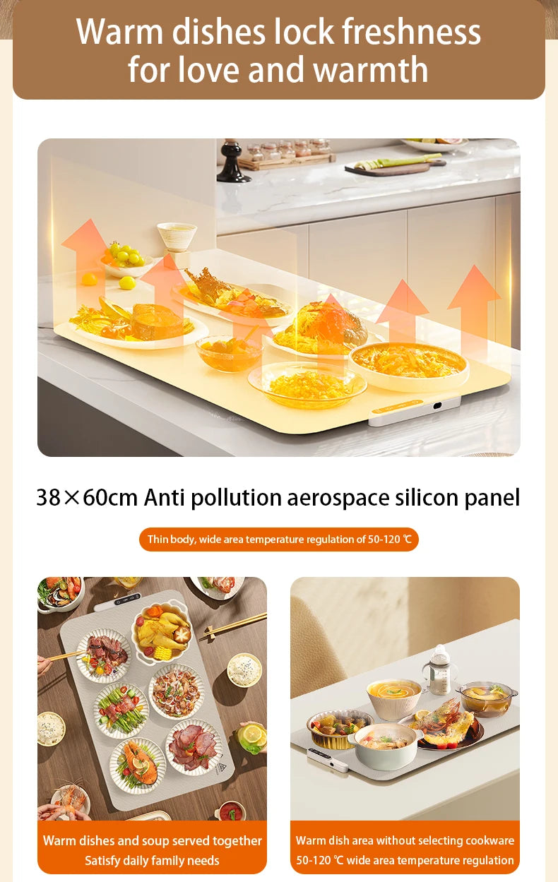 TINSOL Food Warmer Pad Foldable Silicone Heating Pad Portable Meal Cart Insulation Pad 8-Level Temperature Adjustment