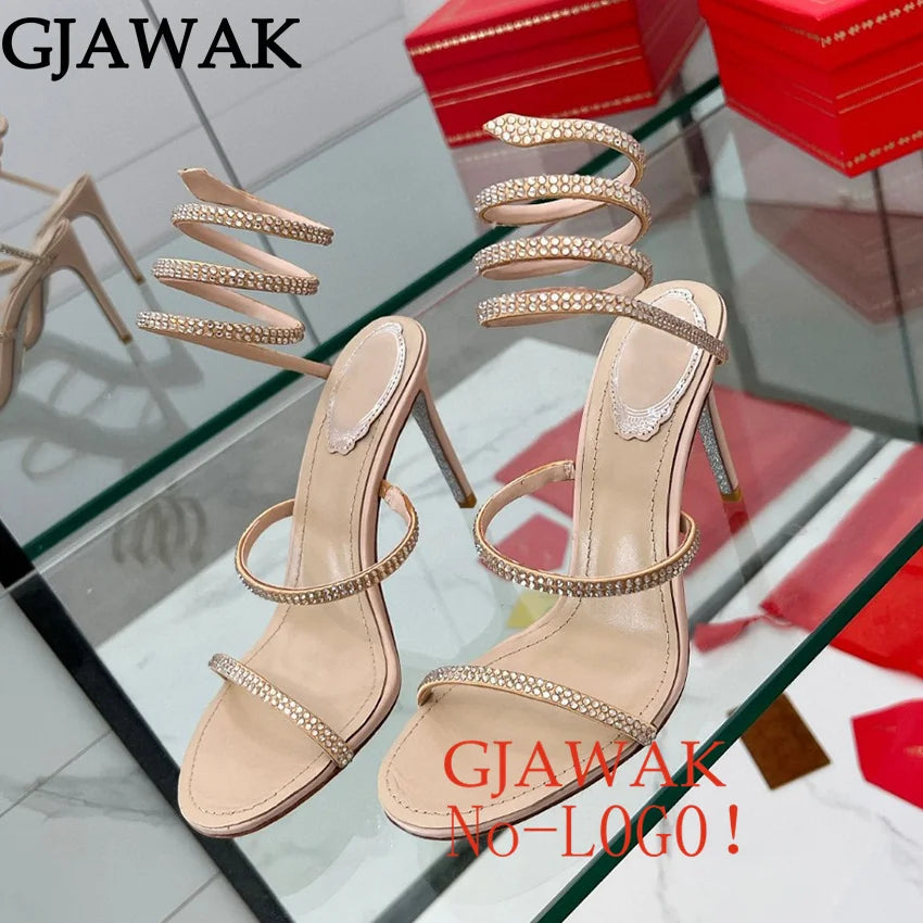Summer Crystal Bowknot High Heels Sandals Woman Twine Around Ankle Snake Wedding Shoes For Woman Runway Gladiator Sandals Women