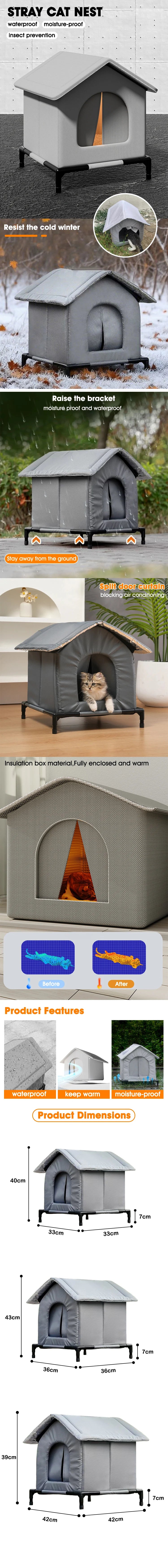 Stray Cat House Outdoor Waterproof Winter Warm Shelter Foldable Washable Enclosed Kennel for Feral Cats Small Dogs