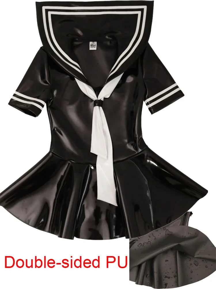 XS-4XL New Double PU Leather Hot Dress Wet Look PVC Short Sleeve Sailor Collar Cosplay Dresses A-line Uniform Minifalda Vestido