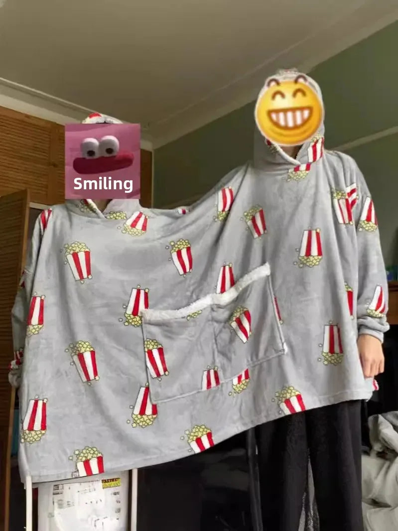 Creative Couple Matching Hooded Romper Sweatshirts Spring Summer New Style Close Knit Popcorn Print Intimate Pajamas