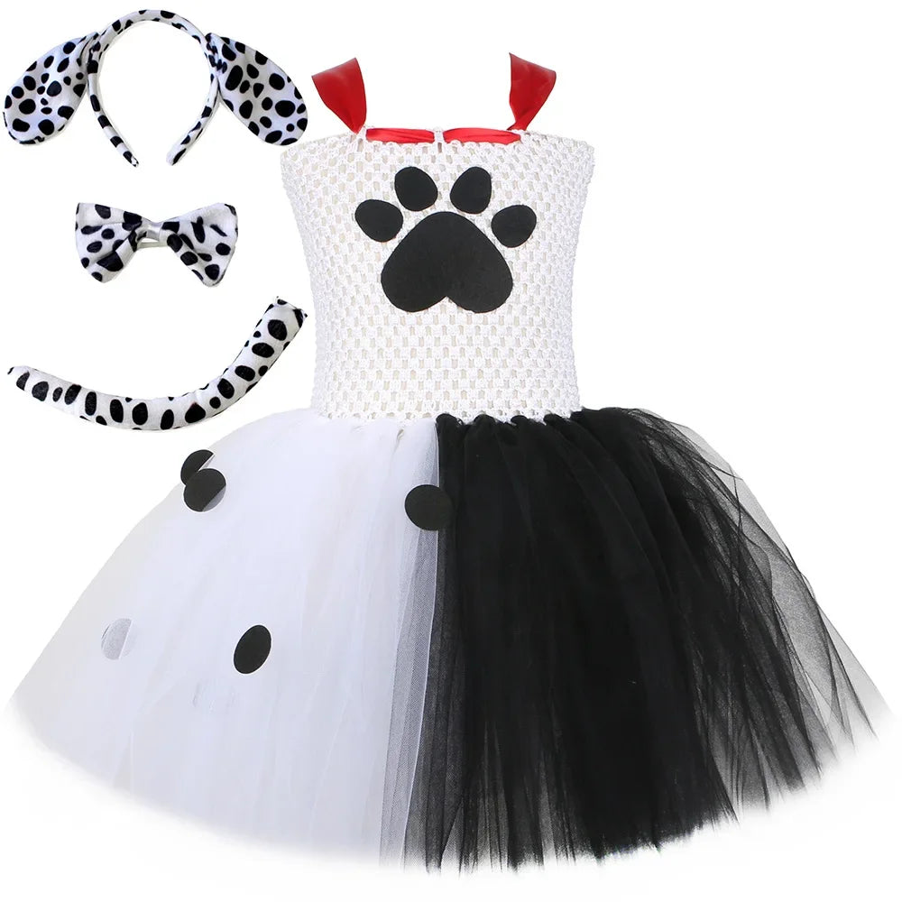 Halloween Crulla Cosplay Costume Cruella Tulle Dress Party Girls Black White Carnival Kids Cruella Wig Lace Mask Suit Clothes