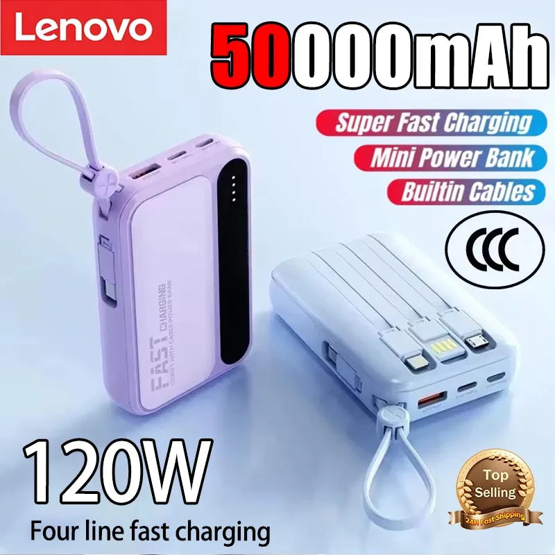 Lenovo 50000mAh Large Capacity Power Bank 4 In1 Built in Cables Intelligent Digital Display Light Fast Charging For IPhone