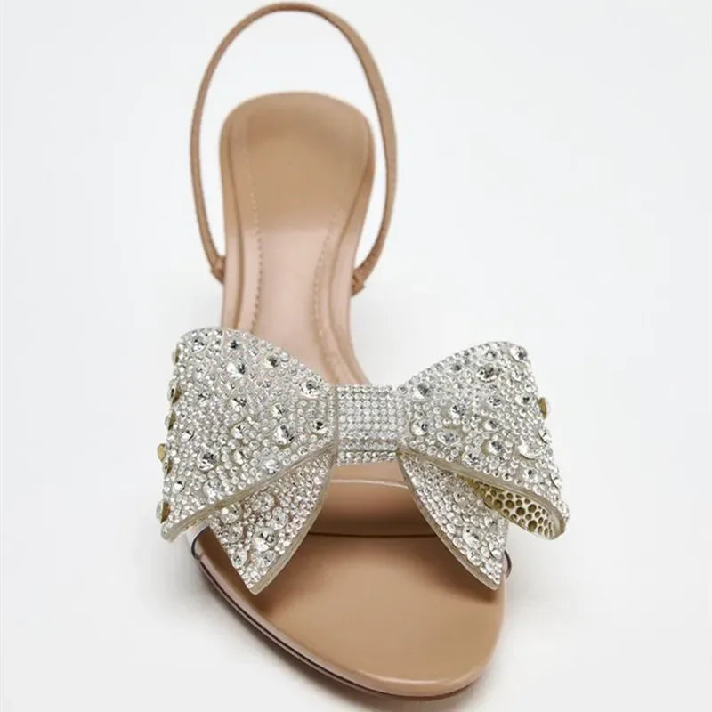 Luxury Glitter Rhinestone Bow Designer Heeled Sandals Women Summer Peep Toe Back Strap High Heels Elegant Party Wedding Shoes
