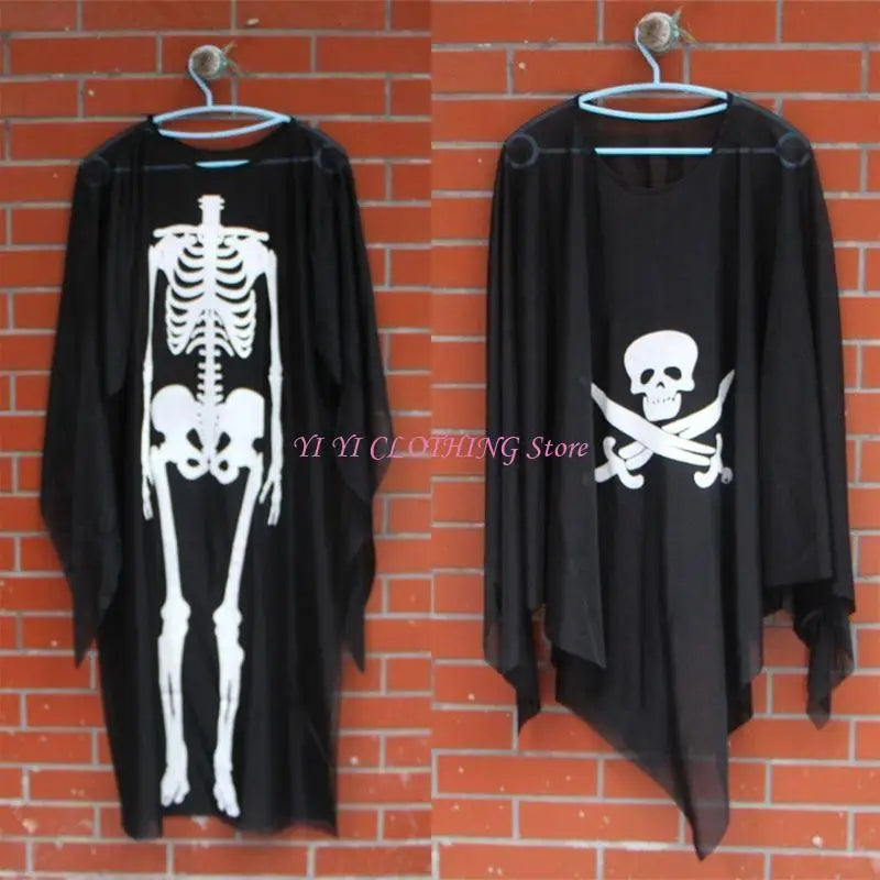 Halloween Skull Skeleton Cosplay Costume Scary Ghost Robe with Front Bone Print for Children Adult Carnival Party Cloak