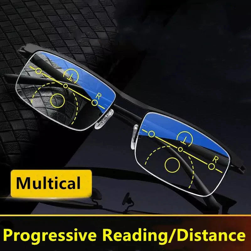 Progressive Reading Glasses Multifocal Anti-blue Light Smart Zoom Glasses Half Frame Metal Men Women +1.5 To +4.0