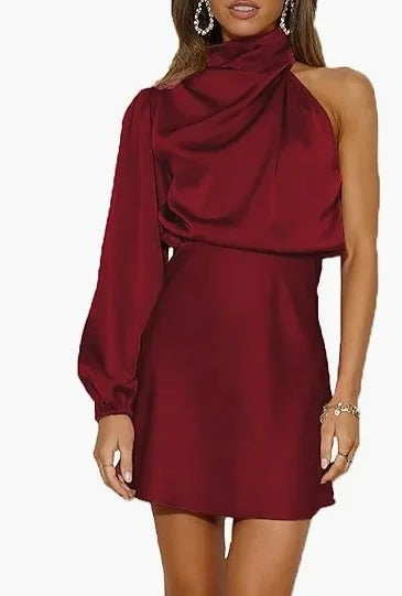 Silk Satin Long Sleeve Mini Skirt Spring 2024 Women's Single Shoulder Cocktail Dress round Neck Short Skirt Fashionable Ladies'