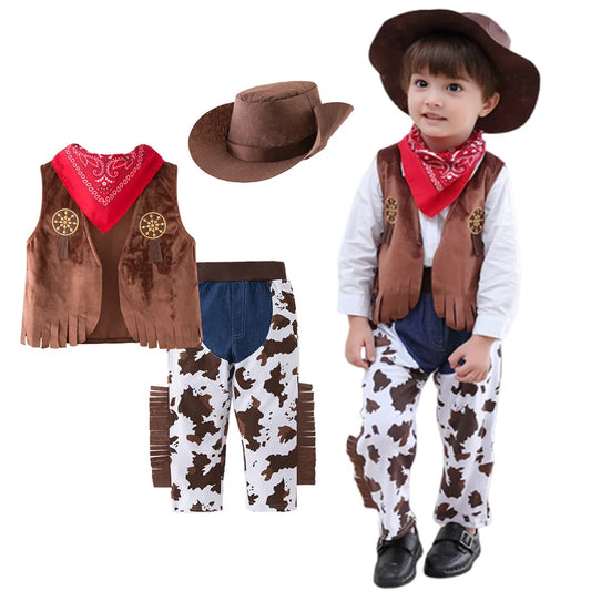Boy's Halloween Outfit Set, Western Cowboy Vest+Short Sleeve Tee+ Hat + Pants Set Autumn and winter Clothes For 1-5Years Boys