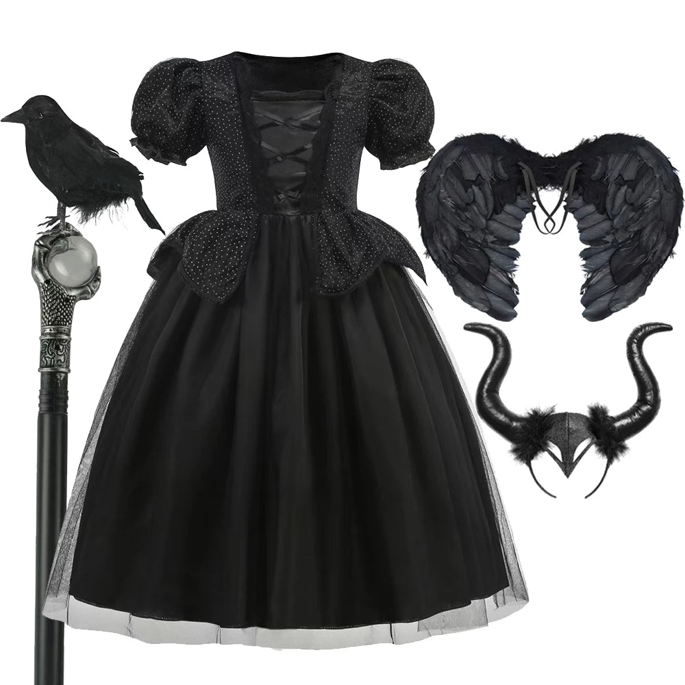 Halloween Costume For Kids Black Witch Dress Fancy Role Playing Costume Carnival Party Stage Performance Girls Gown Outfit