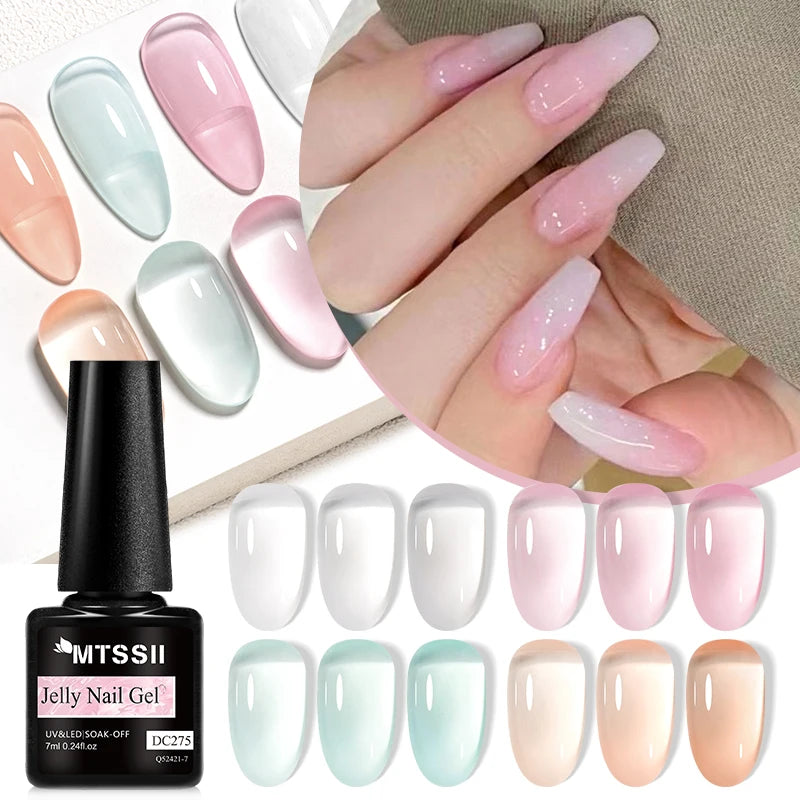 MTSSII 6Pcs/Set Jelly Gel Nail Polish Jelly Transparent Pink Green Black Blue UV Gel Nail Art Varnish Kit Spring Manicure Nails