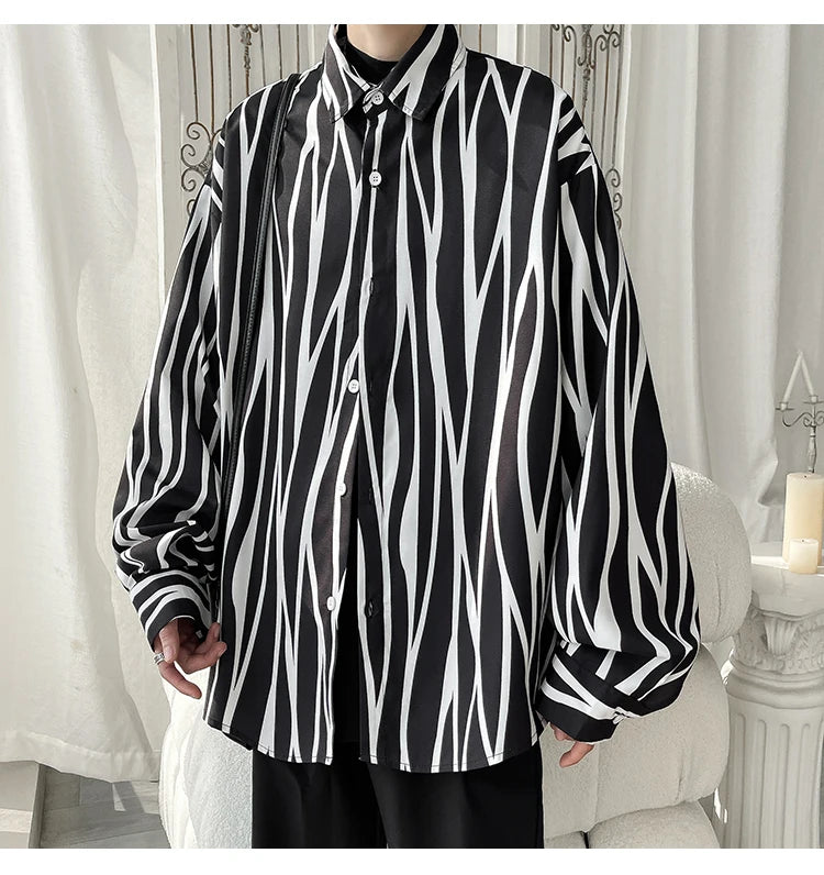 Men's Long Sleeve Striped Shirts Spring New Korean Button Up Shirt Unisex Fashion Casual Oversize Blouse Printed Clothing